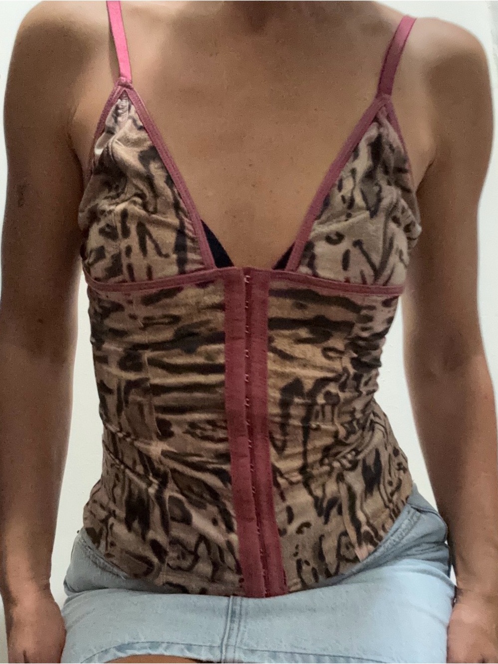 Sleeveless Animal-Print Corset Tank with Pink Trim